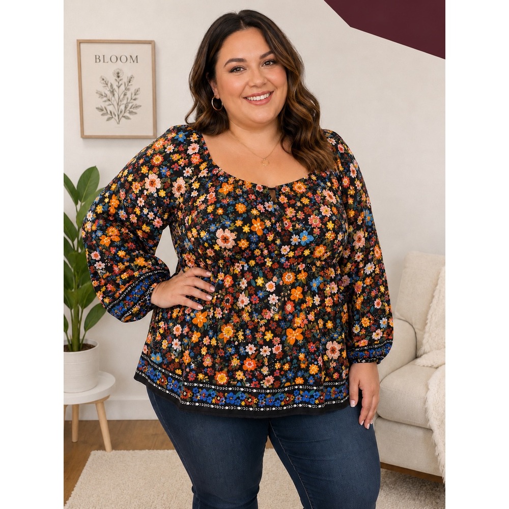 BloomChic Womens 22-24 Black Floral Square Neck Peplum Blouse Long Sleeve Top